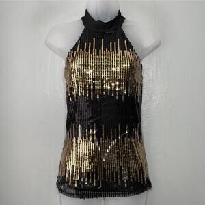Rave Gold Sequin Sleeveless Top Size XS S Halter Tank Low Drape Back Going Out